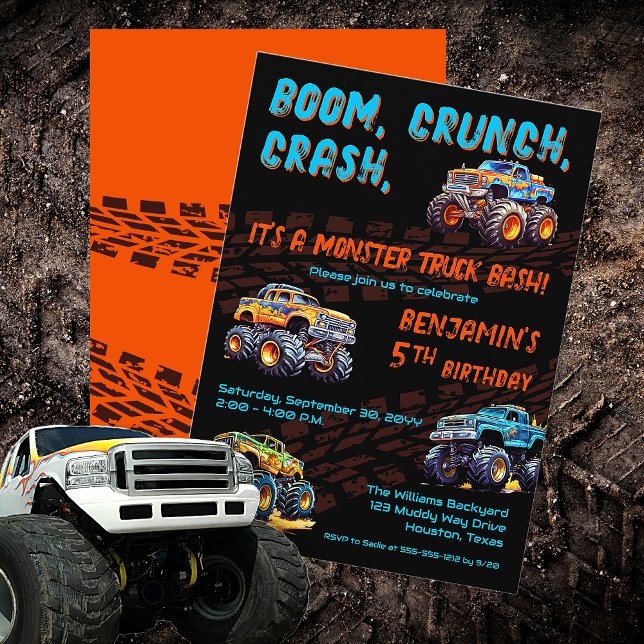 Convites Festa de aniversário do Monster Truck Bash Boy ("Boom, Crunch, Crash, It's A Monster Truck Bash" Boy's 5th Birthday Party Invitation)