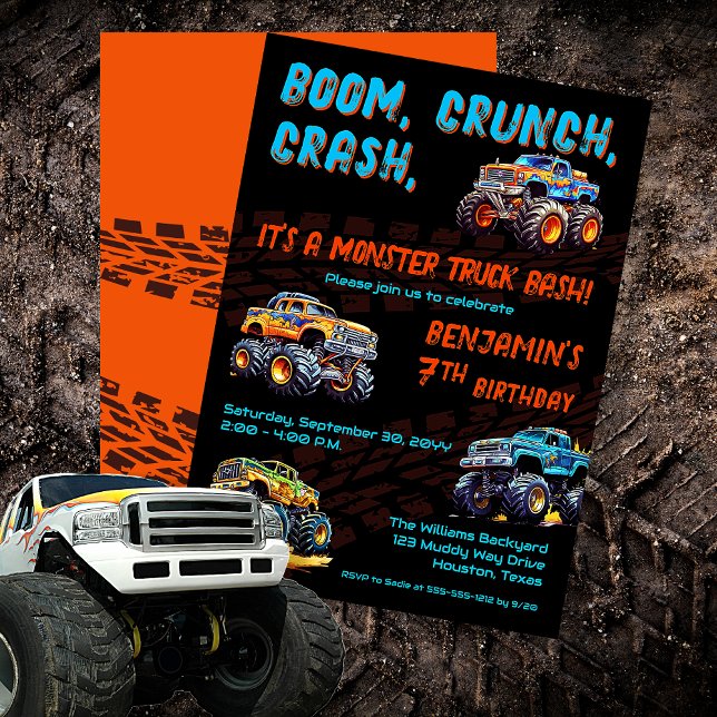Convites Festa de aniversário do Monster Truck Bash Boy ("Boom, Crunch, Crash, It's A Monster Truck Bash" Boy's 7th Birthday Party Invitation)