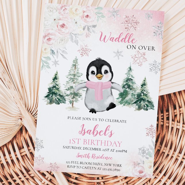 Convites Festa de Aniversário do Pinguim de Inverno Rosa (Criador carregado)
