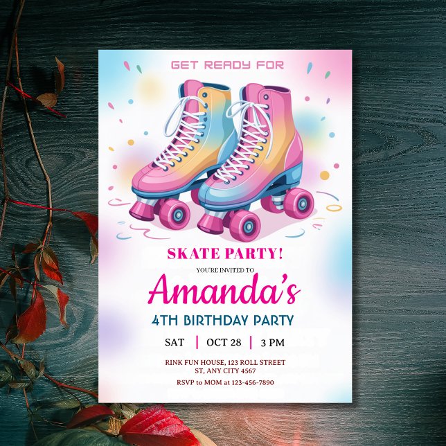 Convites Festa de aniversário do Skate do cilindro do arco- (Retro Rainbow Roller Skate Birthday Party Invitation
)