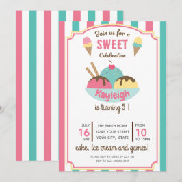 Convites Festa de aniversário do Sorvete Retro-Teal Rosa