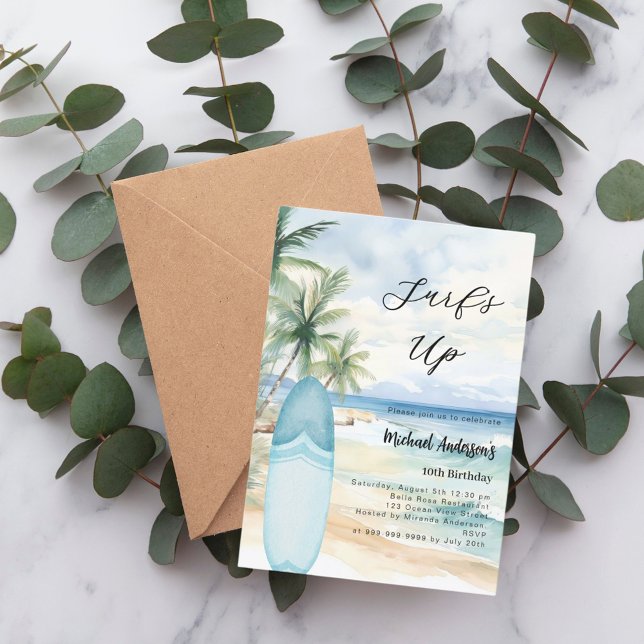 Convites festa de aniversário do surfboard surf na praia (Criador carregado)