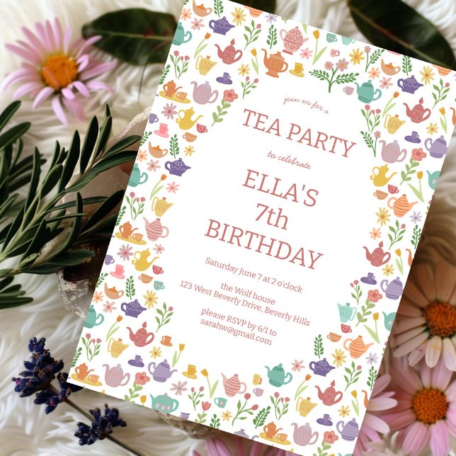 Convites Festa de Aniversário do Tea, Fita Personalizada, C (Tea Party Birthday Cute Custom Colorful Floral Invitation
)