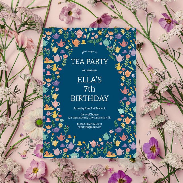 Convites Festa de Aniversário do Tea, Fita Personalizada, C (Tea Party Birthday Cute Custom Colorful Floral Invitation
)