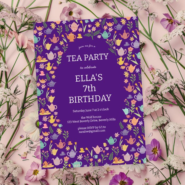 Convites Festa de Aniversário do Tea, Fita Personalizada, C (Tea Party Birthday Cute Custom Colorful Floral Invitation
)
