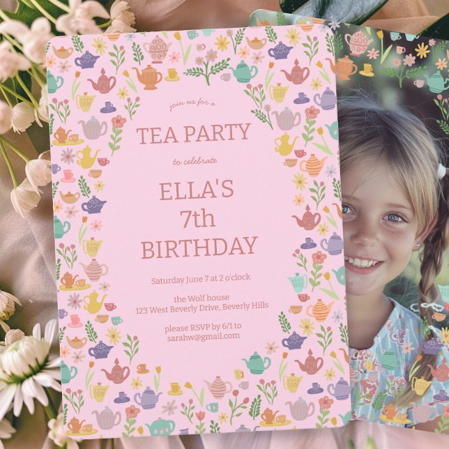 Convites Festa de Aniversário do Tea Party - Foto Personali (Tea Party Birthday Cute Custom PHOTO Invitation Pink Girlie Cute Sweet 
)