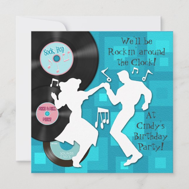 Convites festa de aniversário do tema da década de 50 (Frente)