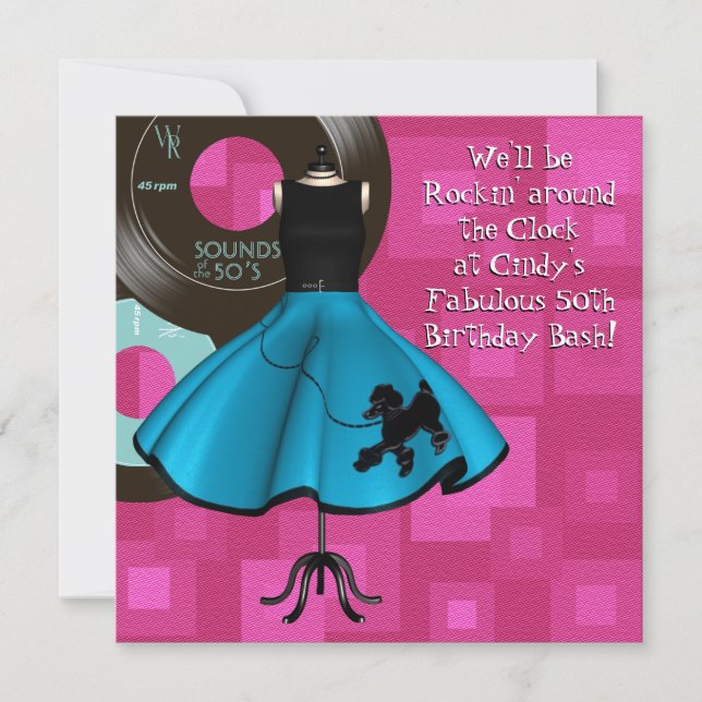 Convites festa de aniversário do tema da década de 50 (Frente)