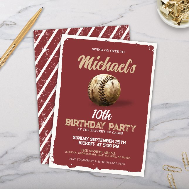 Convites Festa de aniversário do Tema da Maroon Vermelha Vi (Vintage red burgundy maroon baseball theme birthday party invitation or sports viewing party invite)