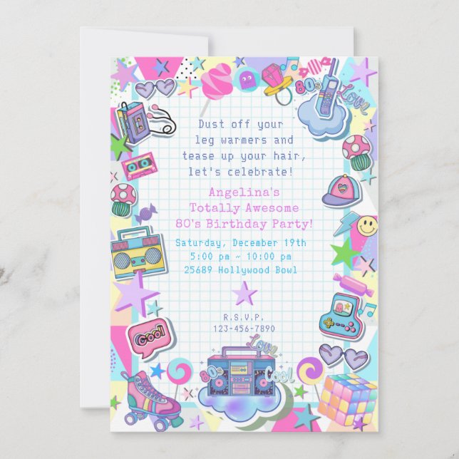 Convites festa de aniversário do tema do anos 80, parte do  (Frente)