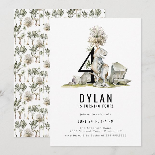 Convites Festa de Aniversário do Tema do Dinossauro (Frente/Verso)