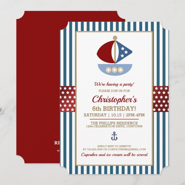 Convites Festa de aniversário do Tema Náutico Divertido (Frente/Verso)