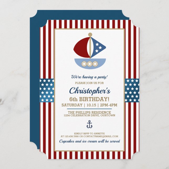 Convites Festa de aniversário do Tema Náutico Divertido (Frente/Verso)