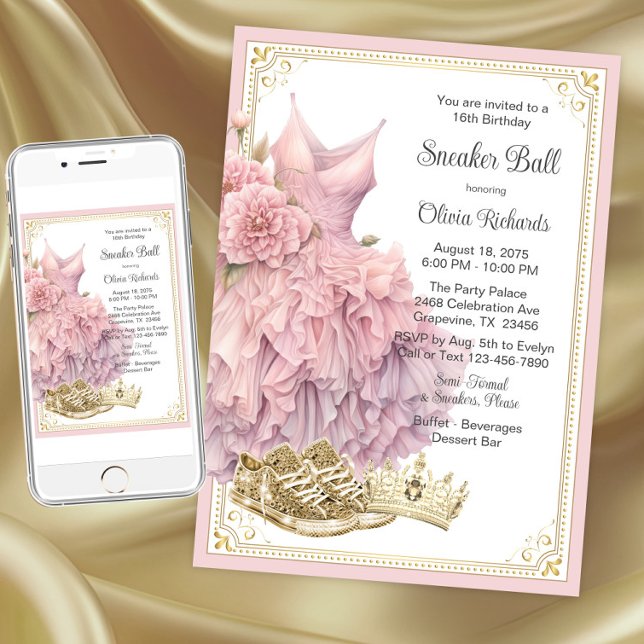 Convites Festa de Aniversário do Tênis Rosa Dourado  (Pink gold sneaker ball invitation. Instant download and printed invitations available.)