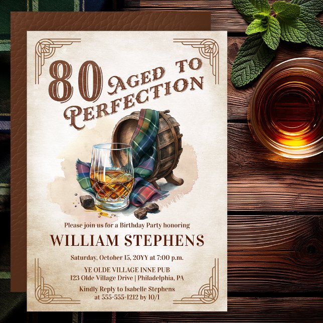 Convites Festa de Aniversário do Uísque Escocês Aged to Per (Aged to Perfection 90th Birthday Party Scotch Whiskey Invitation for Men)