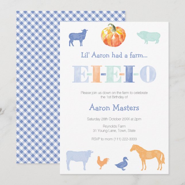 Convites FESTA DE ANIVERSÁRIO do velho MacDonald Pumpkin Bo (Frente/Verso)