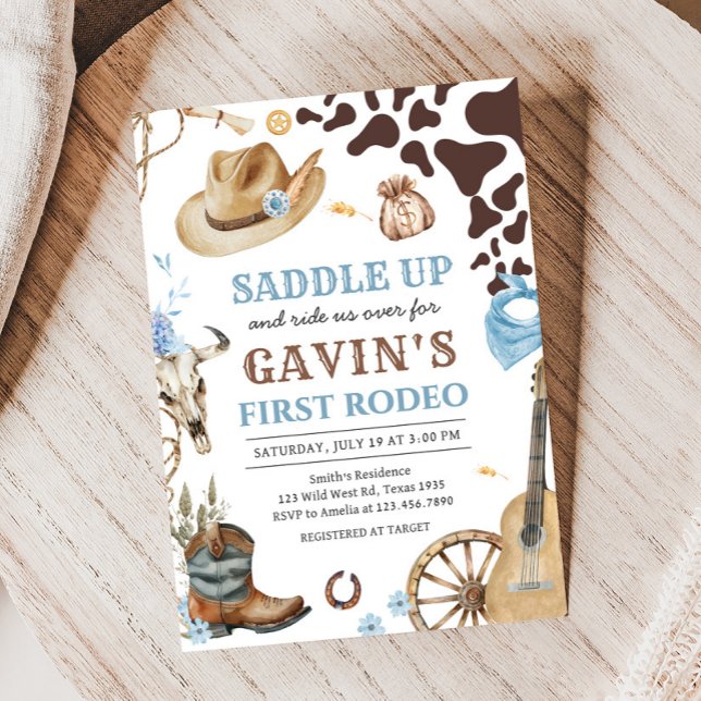 Convites Festa de aniversário do West Cowboy First Rodeo (Western Cowboy Saddle Up First Rodeo Birthday Party Invitation)