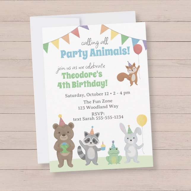 Convites Festa de Aniversário dos Animais da Festa (Party Animals Birthday Party Invitation with forest animals wearing party hats)