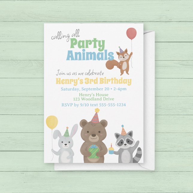 Convites Festa de Aniversário dos Animais da Floresta (Forest Friends Birthday Party Invitation. Calling all party animals!)