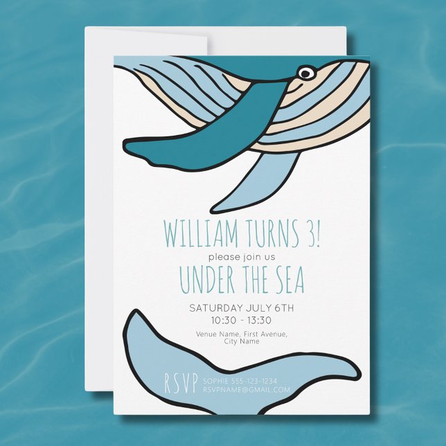 Convites Festa de Aniversário dos Meninos Baleia do Oceano (Blue Whale Under the Sea Kids Birthday Party Invitation.  Easily edit online with your own details.)