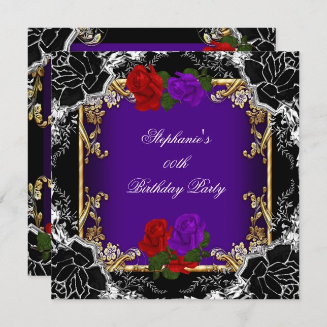 Convites Festa de aniversário Dourada com Rosa vermelha rox (Frente/Verso)