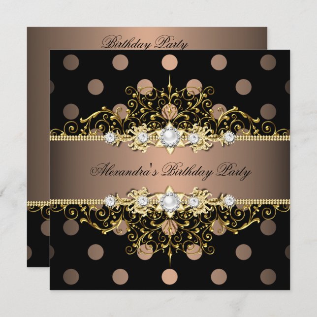 Convites Festa de aniversário Dourada de Bolinhas Preta do  (Frente/Verso)