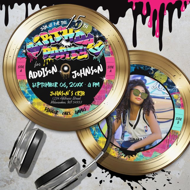 Convites Festa de aniversário Dourada de gravação de fotos  (Totally 80's graffiti music theme gold vinyl record black, hot pink photo birthday party invitation)