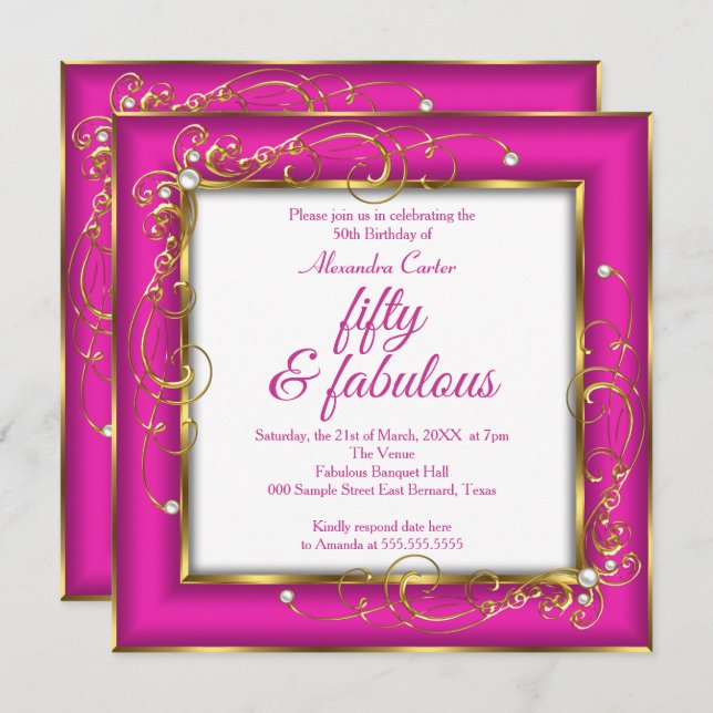 Convites Festa de aniversário Dourada de pérolas de 50 foto (Frente/Verso)