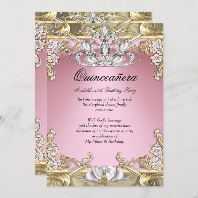 Convites Festa de aniversário Dourada de Quinceanera rosa (Frente/Verso)
