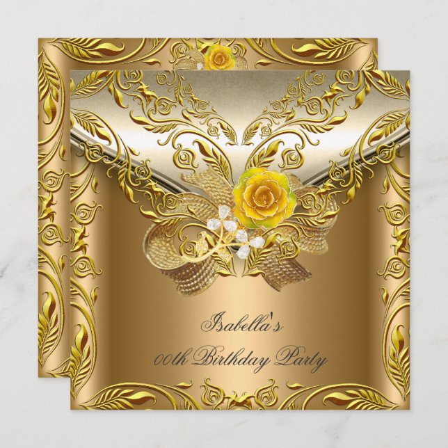 Convites Festa de aniversário Dourada de Rosa Elegante de B (Frente/Verso)