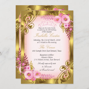 Convites Festa de aniversário Dourada de Tiara, rosa,