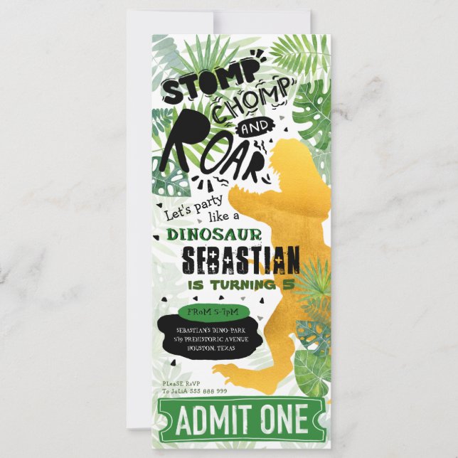 Convites festa de aniversário Dourada do dinossauro (Frente)