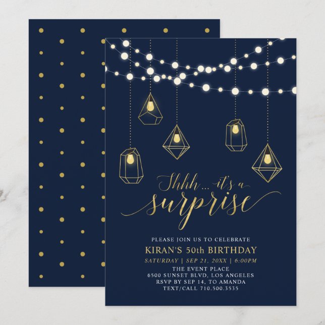 Convites Festa de aniversário Dourada e Marinho Blue Modern (Frente/Verso)