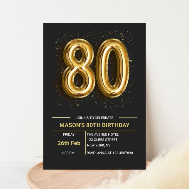 Convites Festa de aniversário Dourada Elegante Oitenta Pret (Editable 80th Birthday Invitation, Gold and Black, Elegant Eighty Invitation, Glitter Sparkle, 80 Ye)