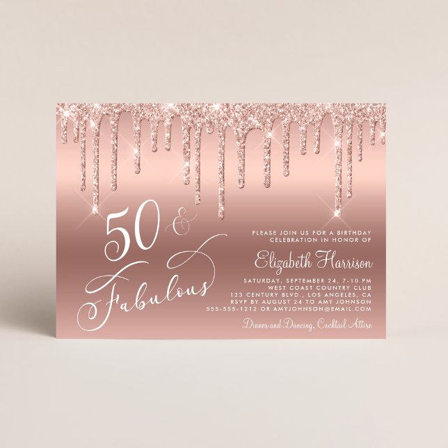 Convites Festa de aniversário Dourada Glitter 50ª rosa (Celebrate her 50 years of sparkle with an elegant rose gold glitter birthday party invitation  🎉 🎂)