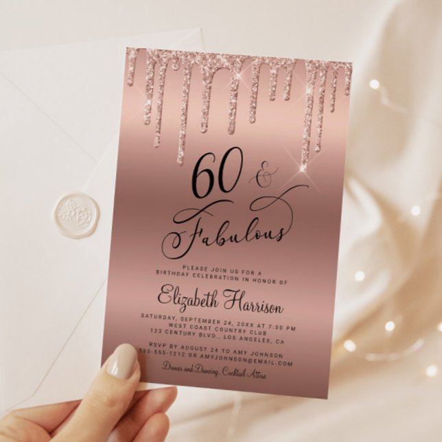 Convites Festa de aniversário Dourada Glitter 60ª rosa (Celebrate her 60 years of sparkle with an elegant rose gold glitter birthday party invitation  🎉 🎂)