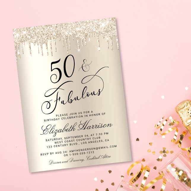Convites festa de aniversário Dourada Glitter de 50 Fabulos (Celebrate her 50 years of sparkle with an elegant gold glitter birthday party invitation  🎉 🎂 🥂)