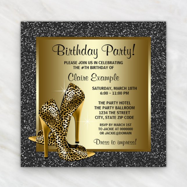 Convites Festa de aniversário Dourada Preta de Alavanca Alt (Black gold leopard shoe any occasion invitation. Instant download & printed invitations available.)