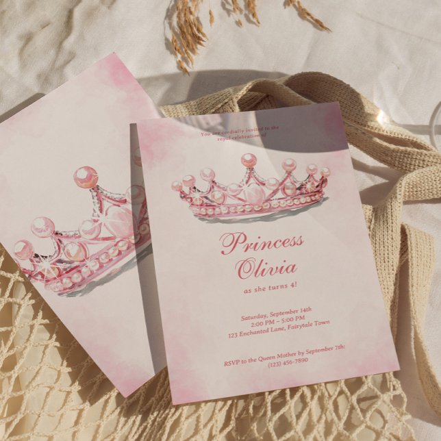 Convites Festa de aniversário Dourada princesa cor-de-rosa (Fairytale Princess Crown Birthday Invite)