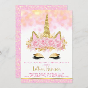 Convites Festa de aniversário Dourada rosa do Unicórnio