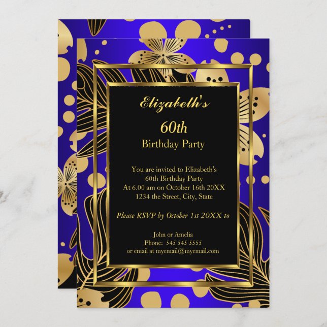 Convites Festa de aniversário Dourada Royal Blue Floral (Frente/Verso)
