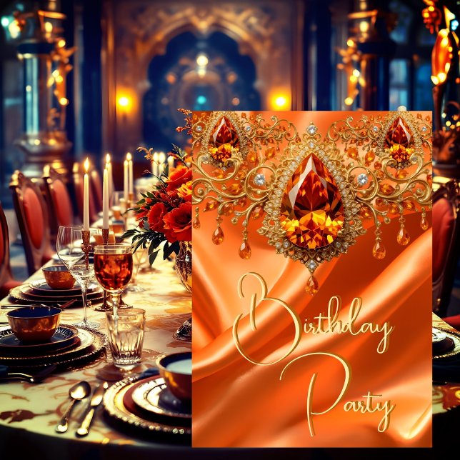 Convites Festa de aniversário Dourada Seda Laranja (Criador carregado)