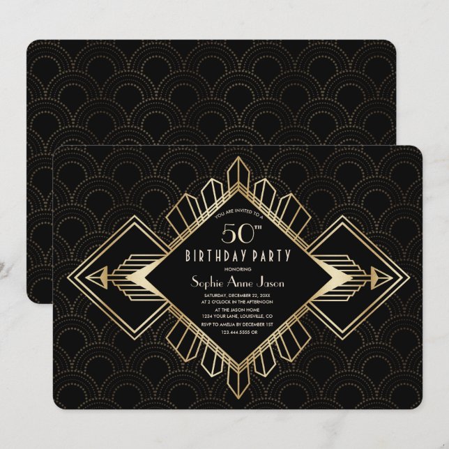 Convites Festa de aniversário Dourado Excelente preto Vinta (Frente/Verso)