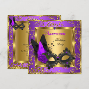 Convites Festa de Aniversário Dourado Roxo Preto Mascarada