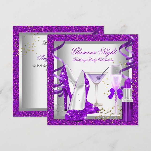 Convites Festa de Aniversário Drinks Glitter Purple Glamour (Frente/Verso)