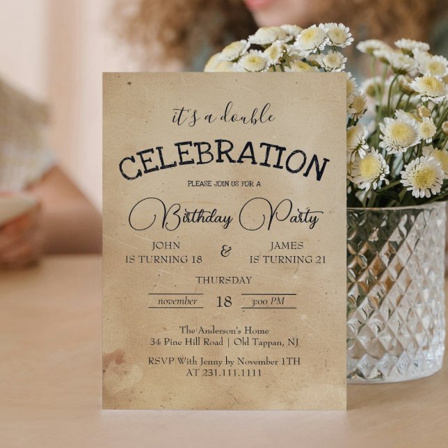 Convites Festa de aniversário dupla bege clássico (Criador carregado)