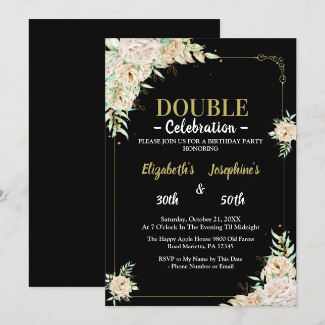 Convites Festa de aniversário Dupla Junta Adulta |Blush flo (Frente/Verso)