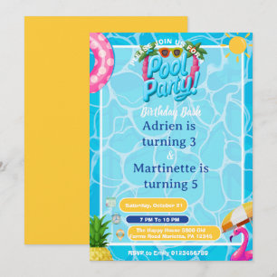 Convites Festa de Aniversário Duplo na Piscina Infantil