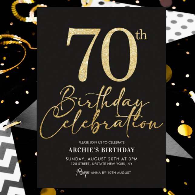 Convites Festa de aniversário Elegante 70 e brilho Dourado (70th birthday elegant black and gold glitter invitation template)