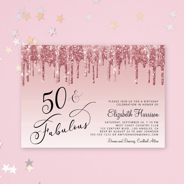 Convites Festa de aniversário Elegante, cor-de-rosa Dourada (Celebrate her 50 years of sparkle with an elegant pink glitter birthday party invitation  🎉 🎂 🥂)
